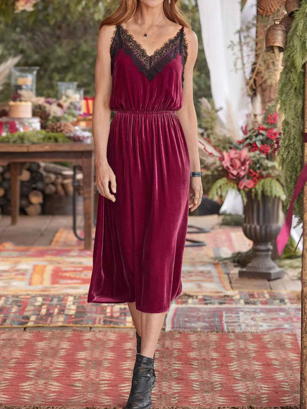 Women's Lounge Dress – Velvet Cami with Lace Trim
