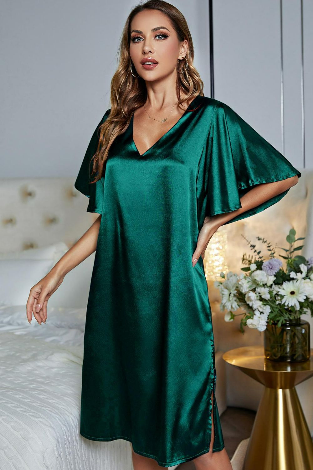 Women's Satin V-Neck Night Dress with Flutter Sleeves