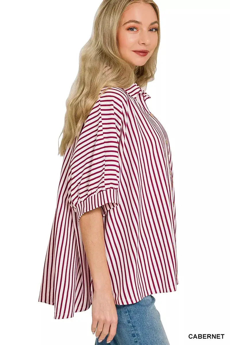 Zenana Oversized Stripe Button Down Shirt by Trendsi