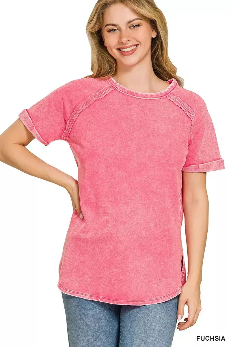 Zenana Washed French Terry Curved Hem Top For Women Relaxed Fit — Parfymia
