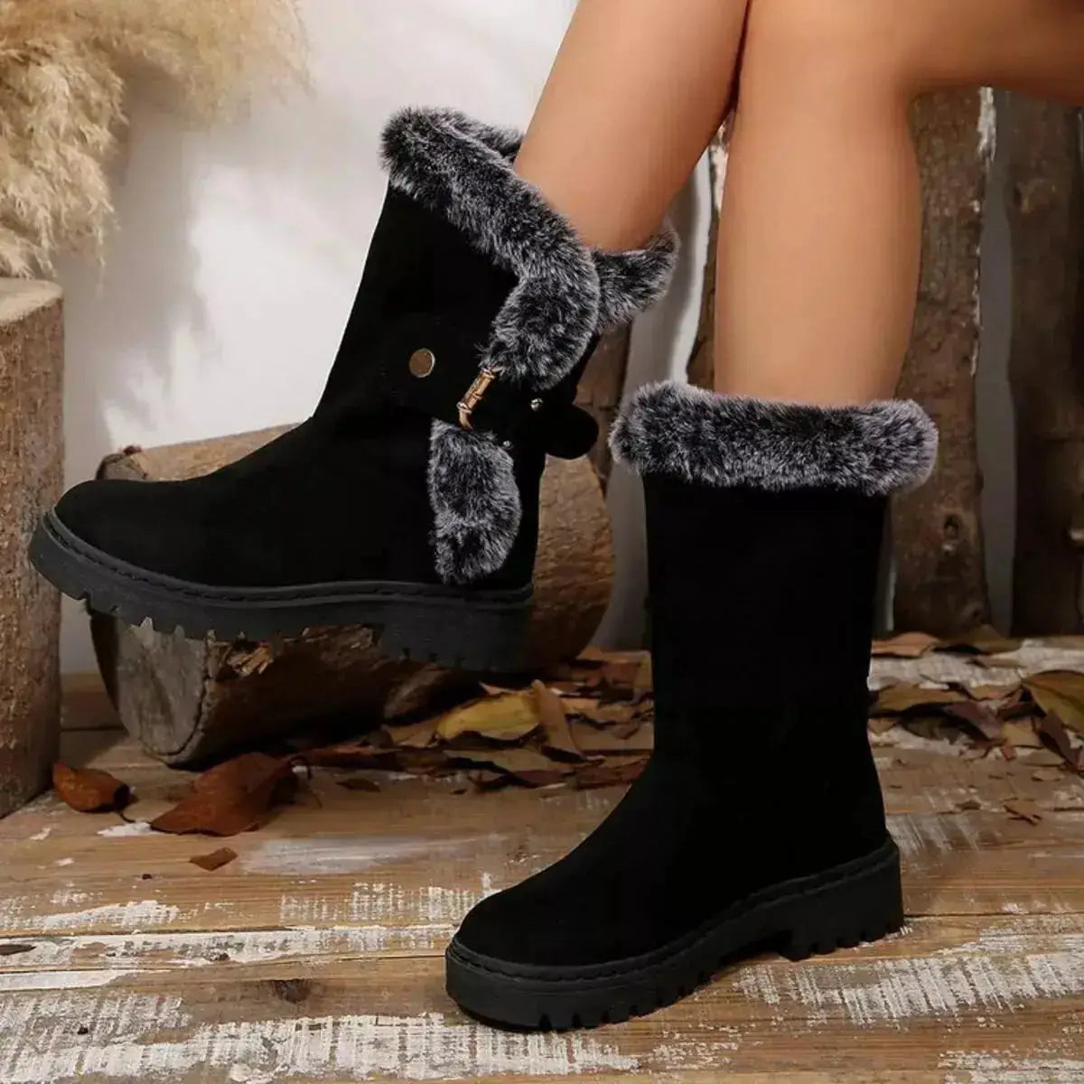 PU Leather Round Toe Platform Block Heels Boots by Parfymia
