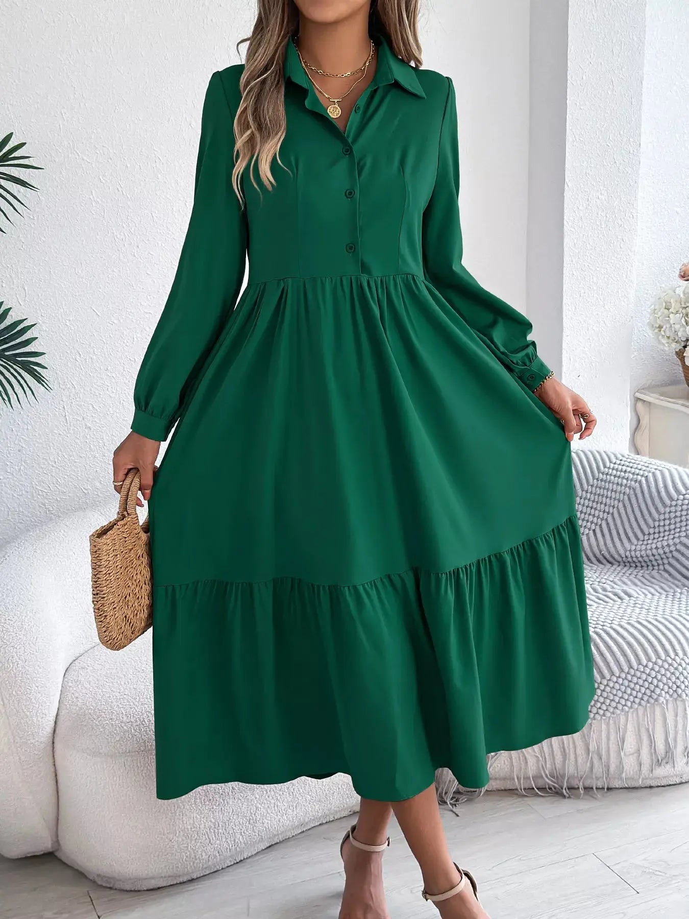Long Sleeve Tiered Button Front Midi Dress Trendsi