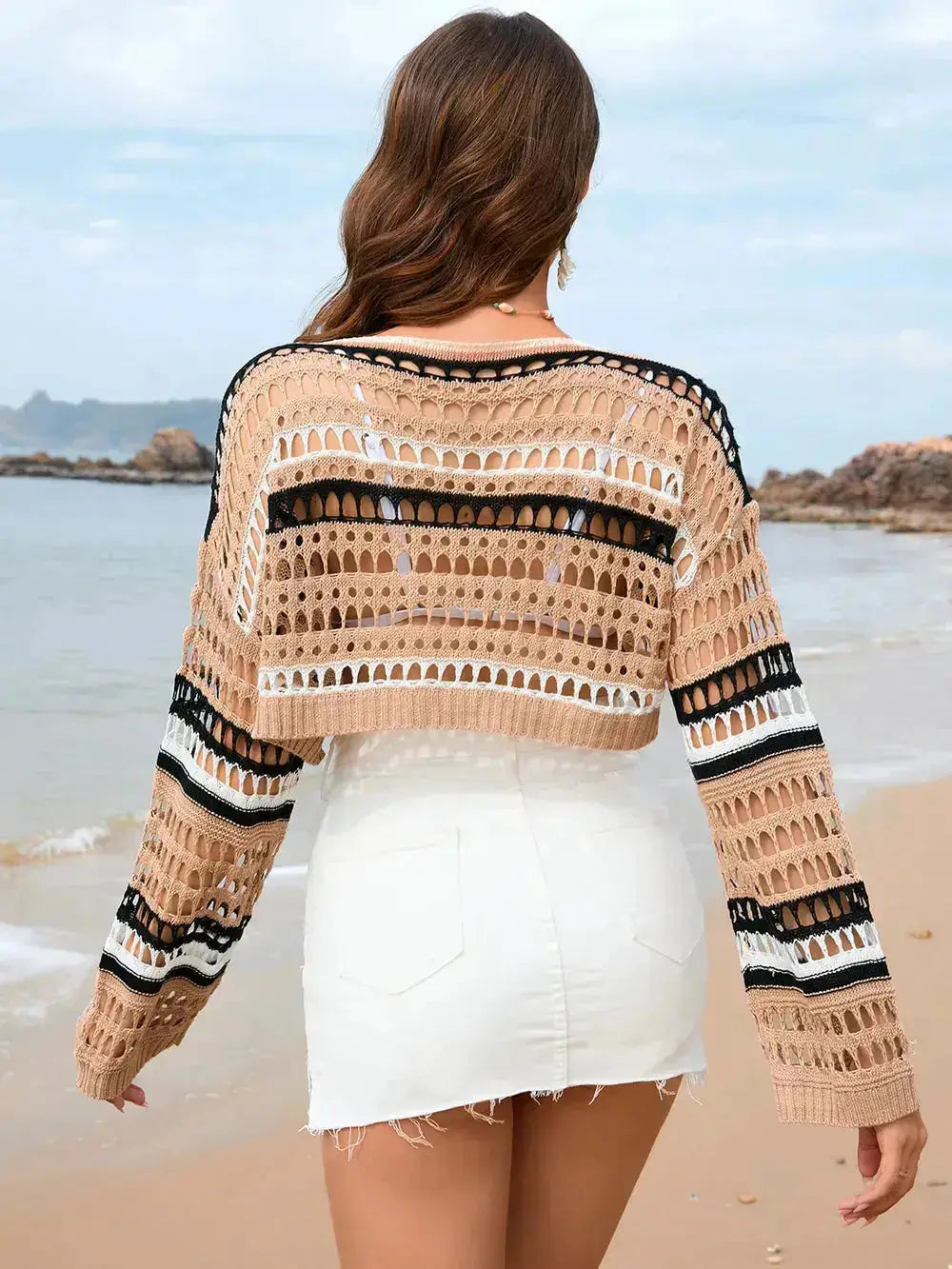 Openwork Cover-Up Boat Neck Dropped Shoulder Acrylic by Parfymia