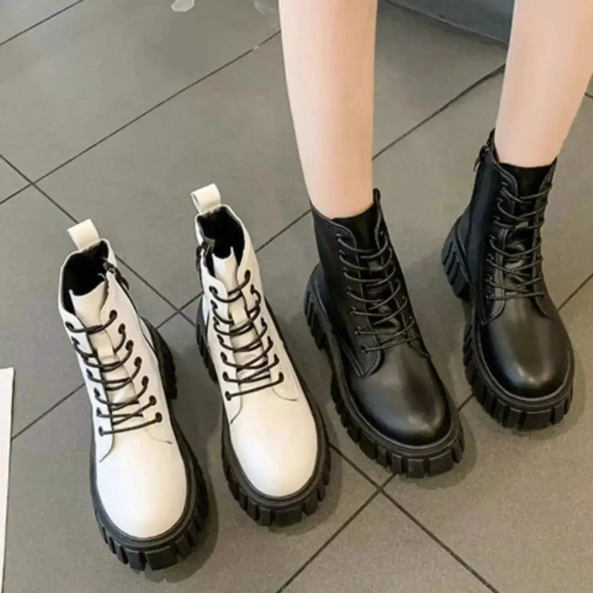 PU Leather Chunky Heel Lace-Up Boots by Parfymia