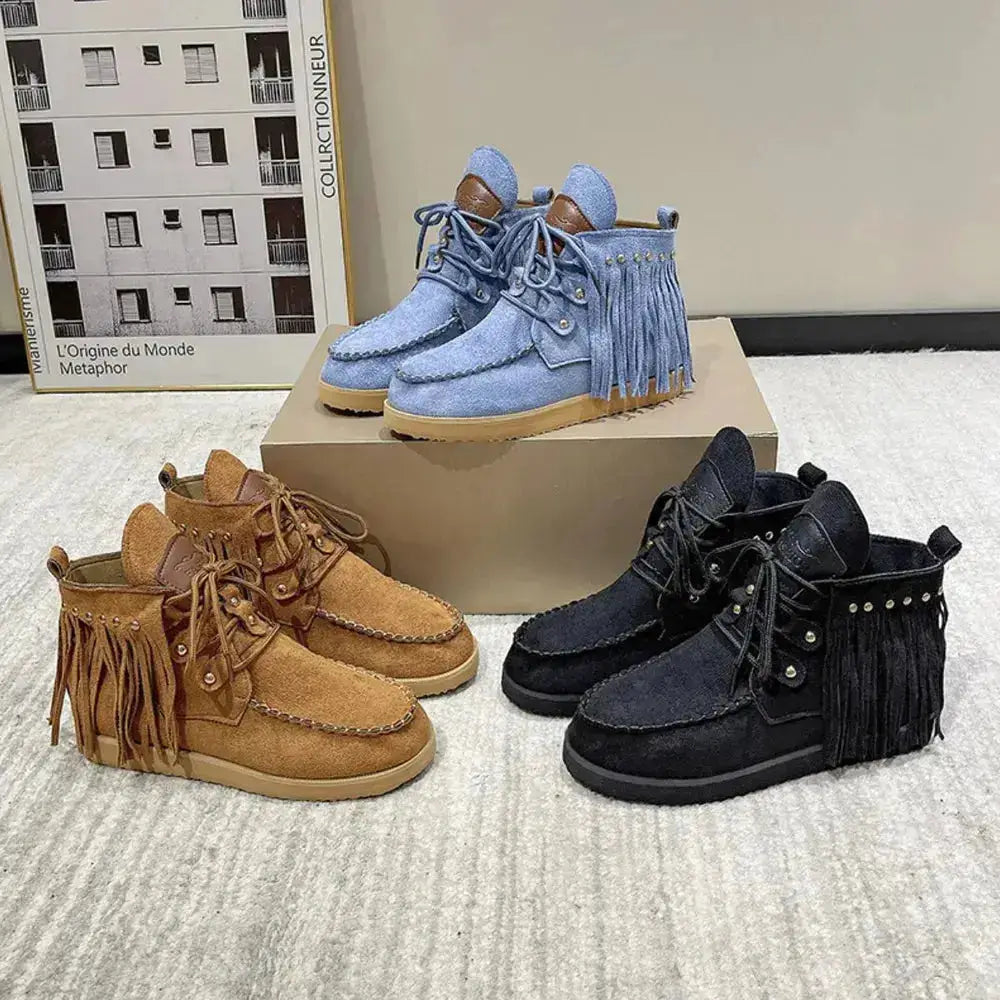 Canvas Fringe Studded Round Toe Boots by Parfymia