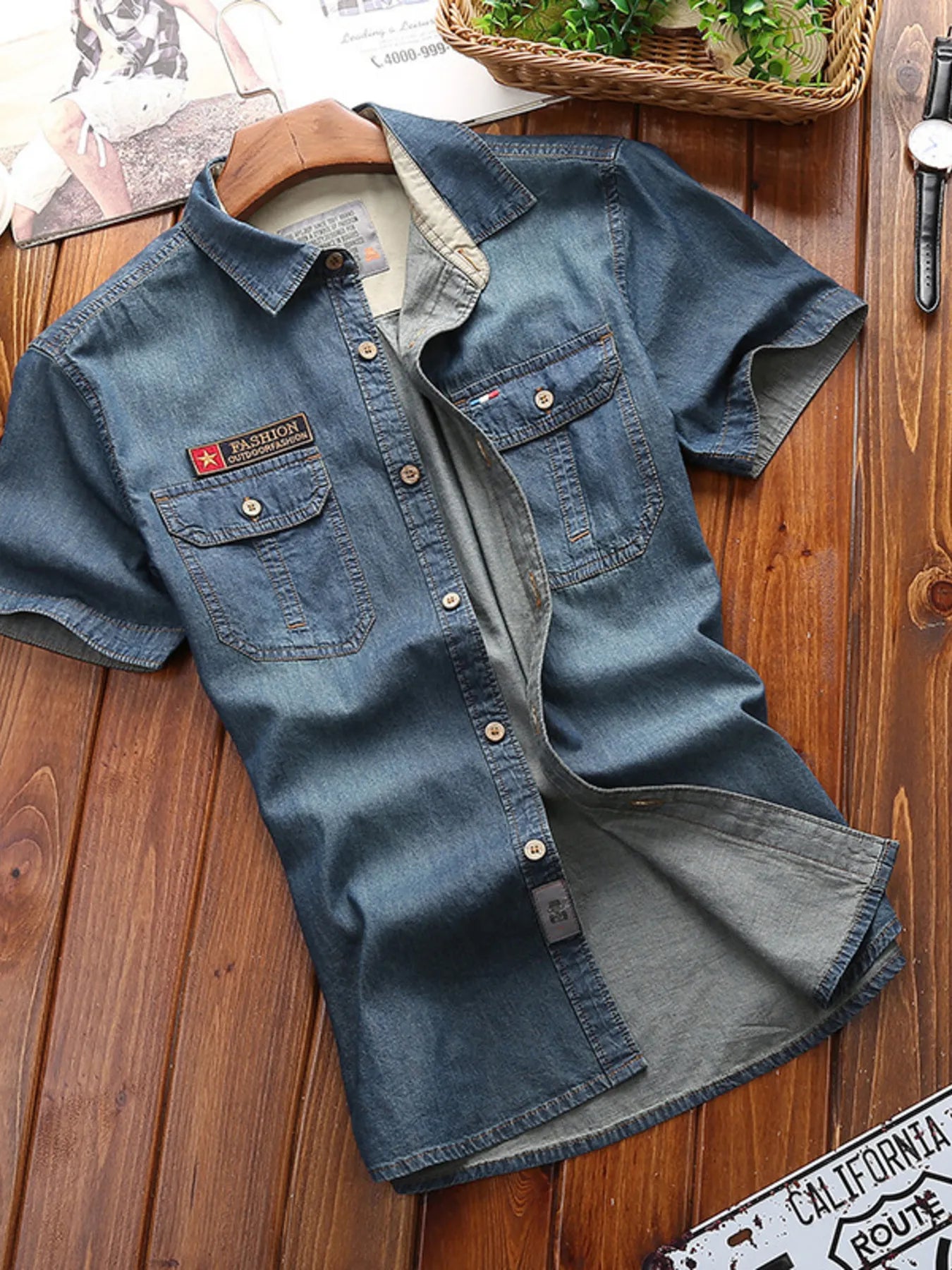 Men's Full Size Casual Short Sleeve Denim Shirt with Pockets Plus Size
