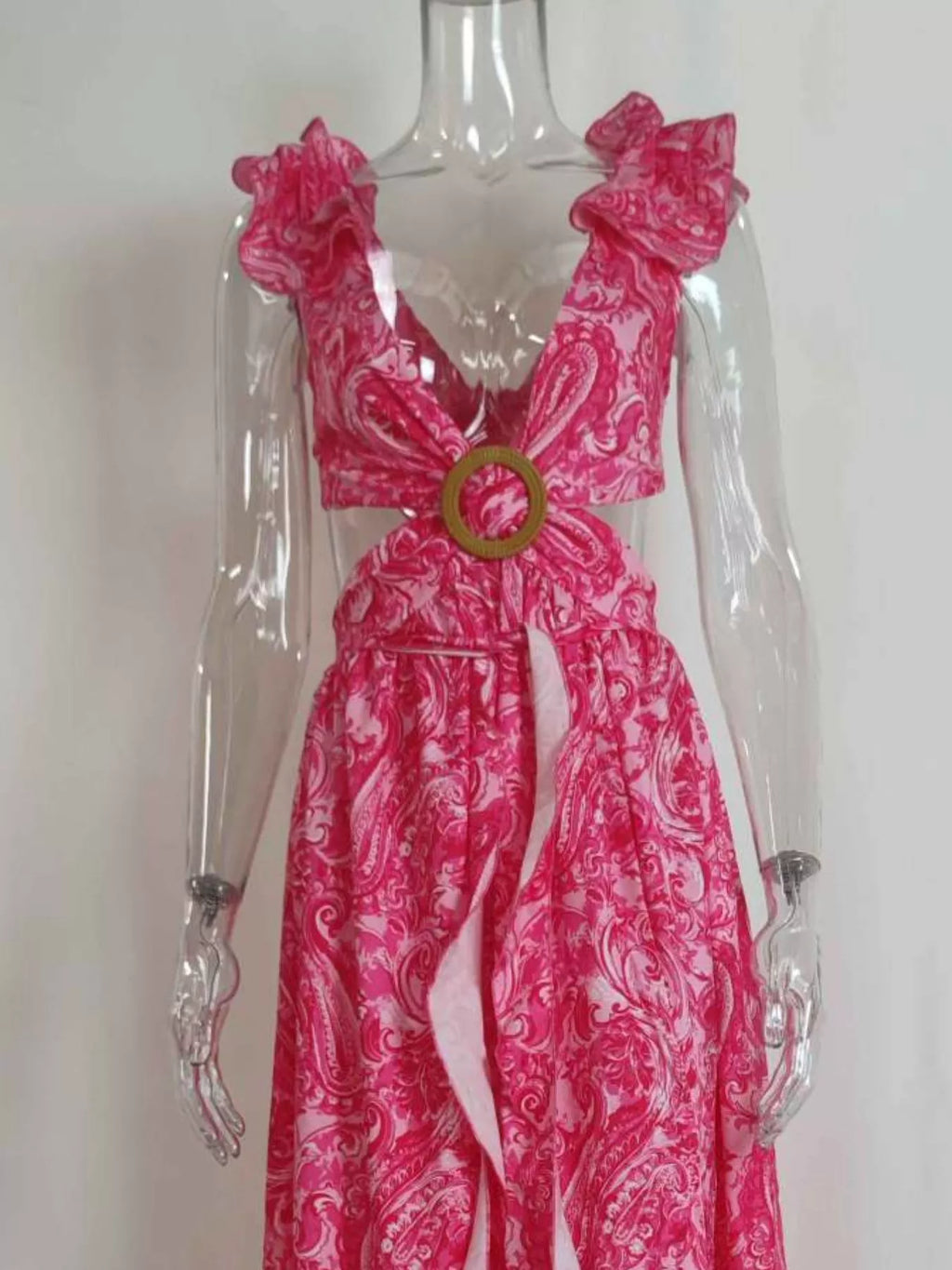 Women's Maxi Dress – Ruffled Cutout V-Neck