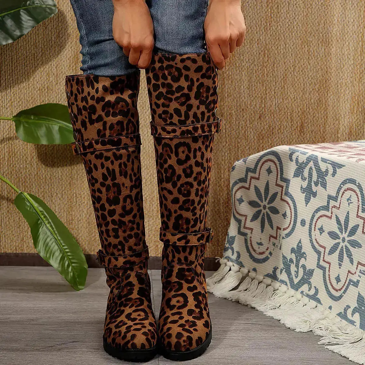Leopard Block Heels Boots for Women in PU Leather by Parfymia