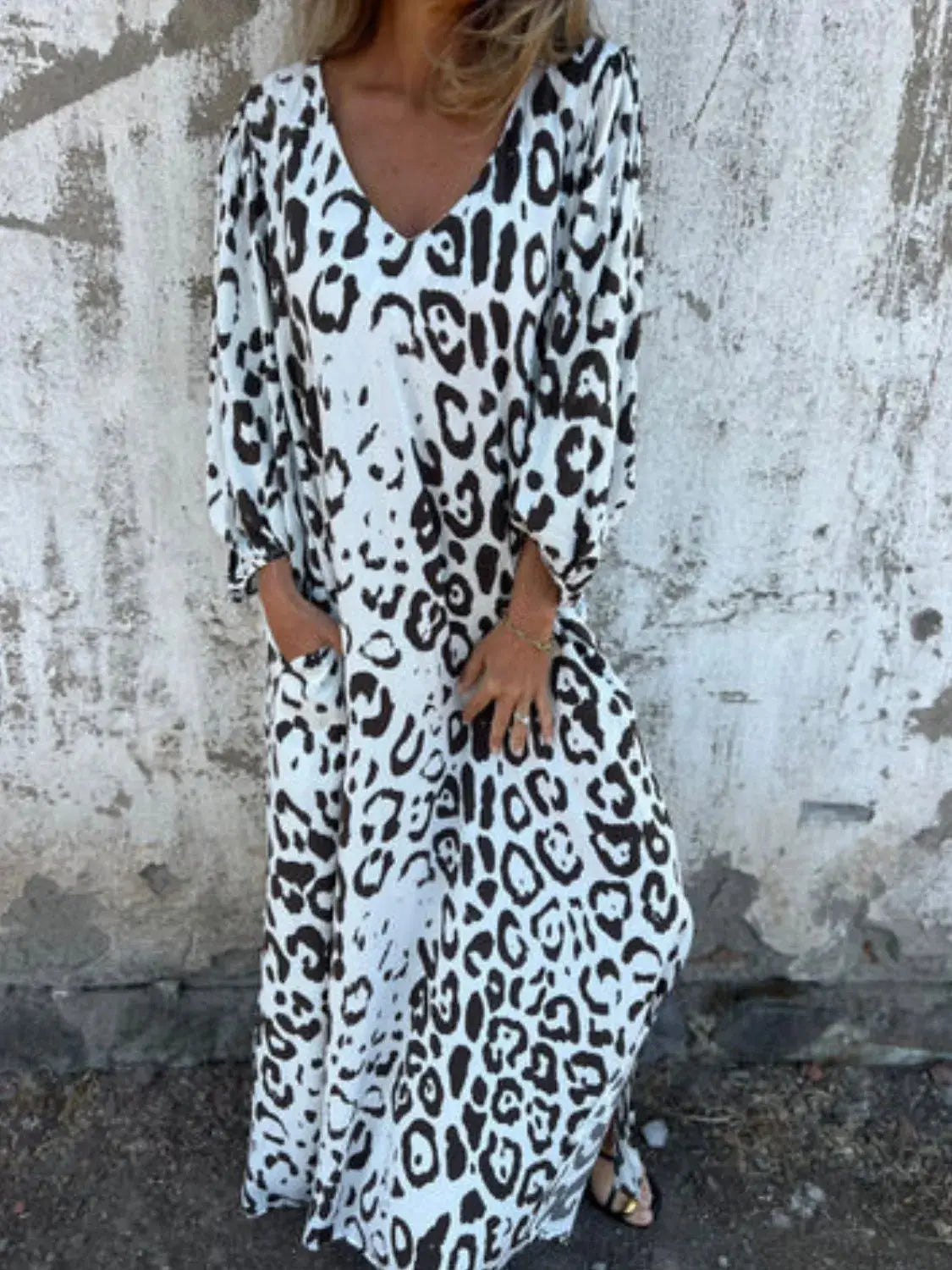 Full Size Printed V-Neck Dress with Pockets Plus Size Trendsi