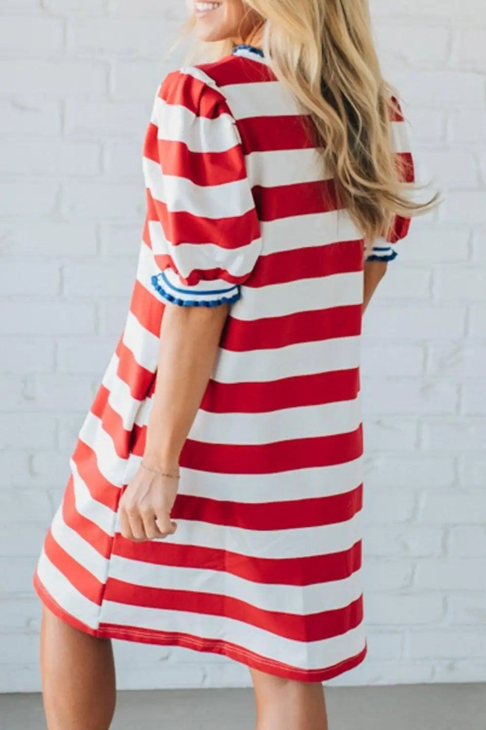 Striped Puff Sleeve Casual Mini Dress Trendsi