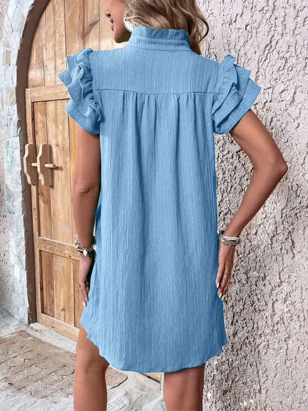 Ruffled Notched Cap Sleeve Mini Dress Trendsi