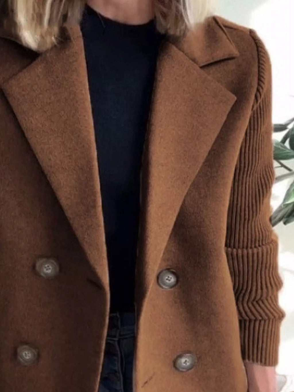 Women's Double-Breasted Jacket with Knit Sleeves