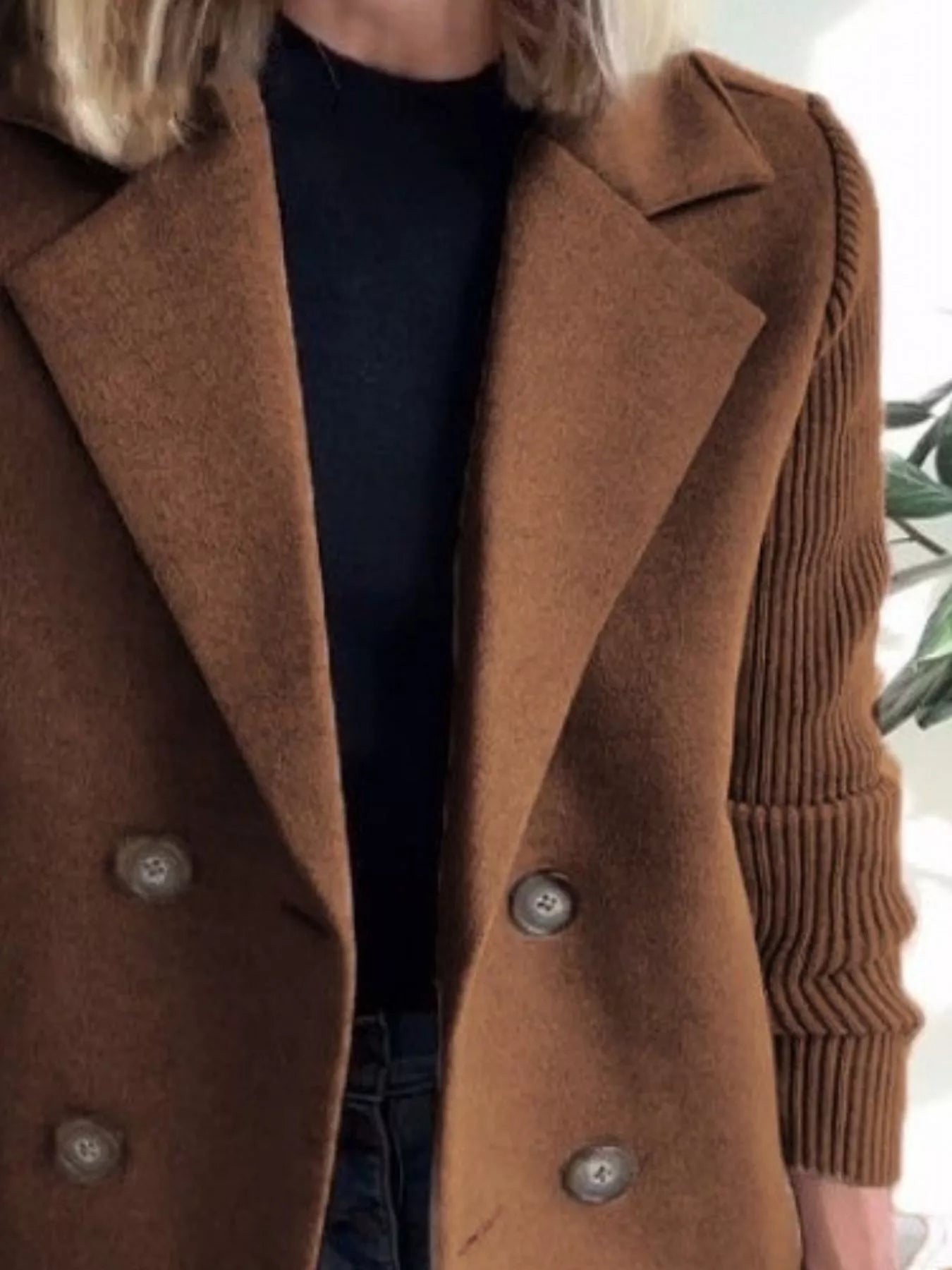 Women's Double-Breasted Jacket with Knit Sleeves