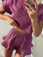 Women's Loungewear Set – Printed Crop Top & Ruffled Shorts