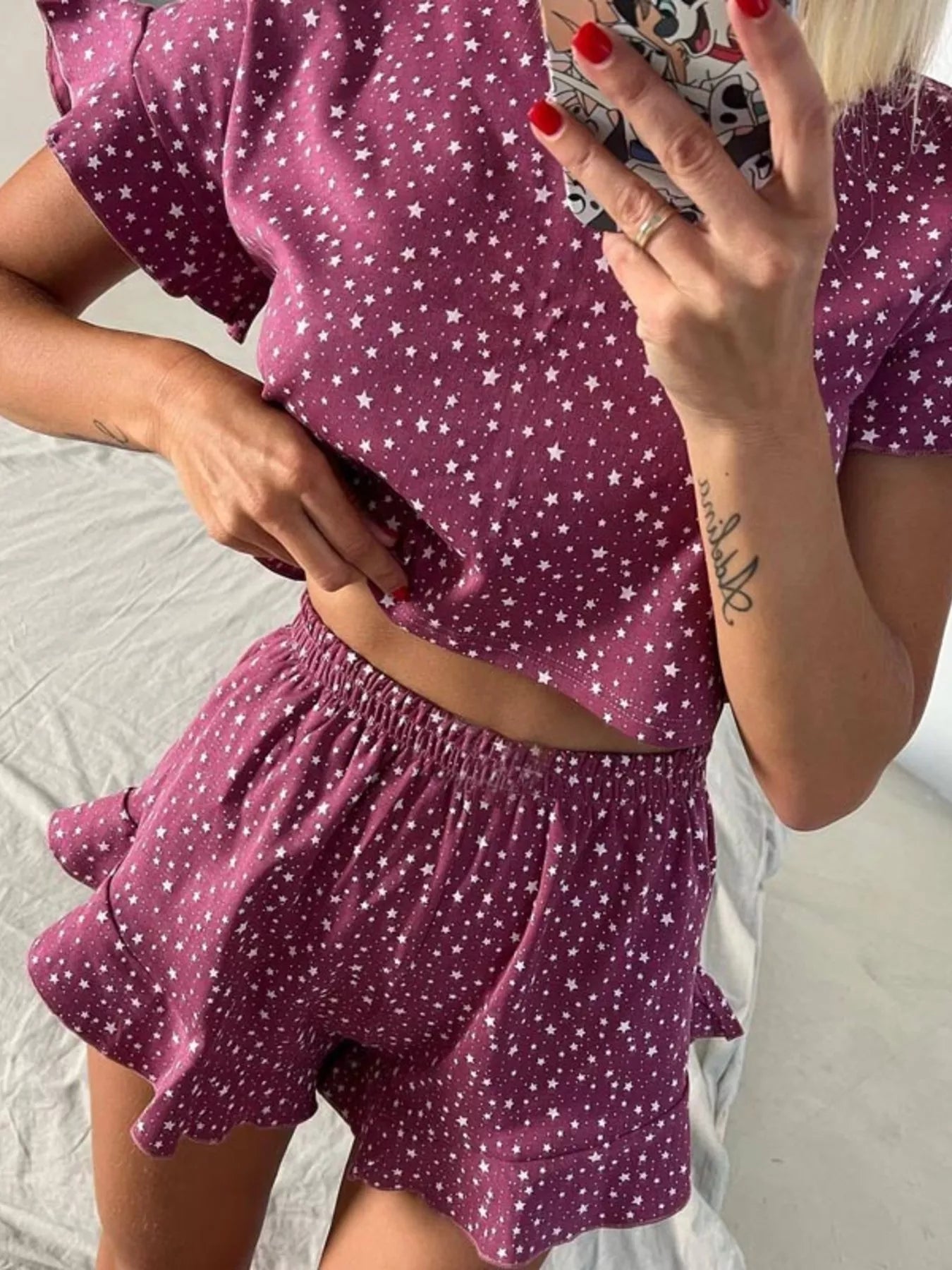 Women's Loungewear Set – Printed Crop Top & Ruffled Shorts