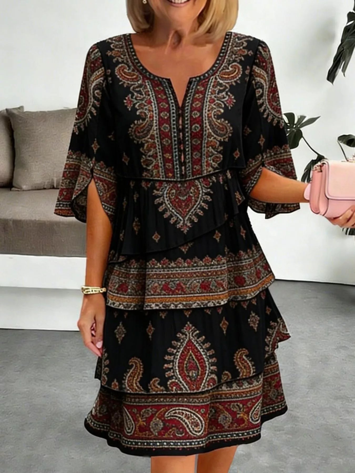 Women's Paisley Print Ruffle Mini Dress Plus Size