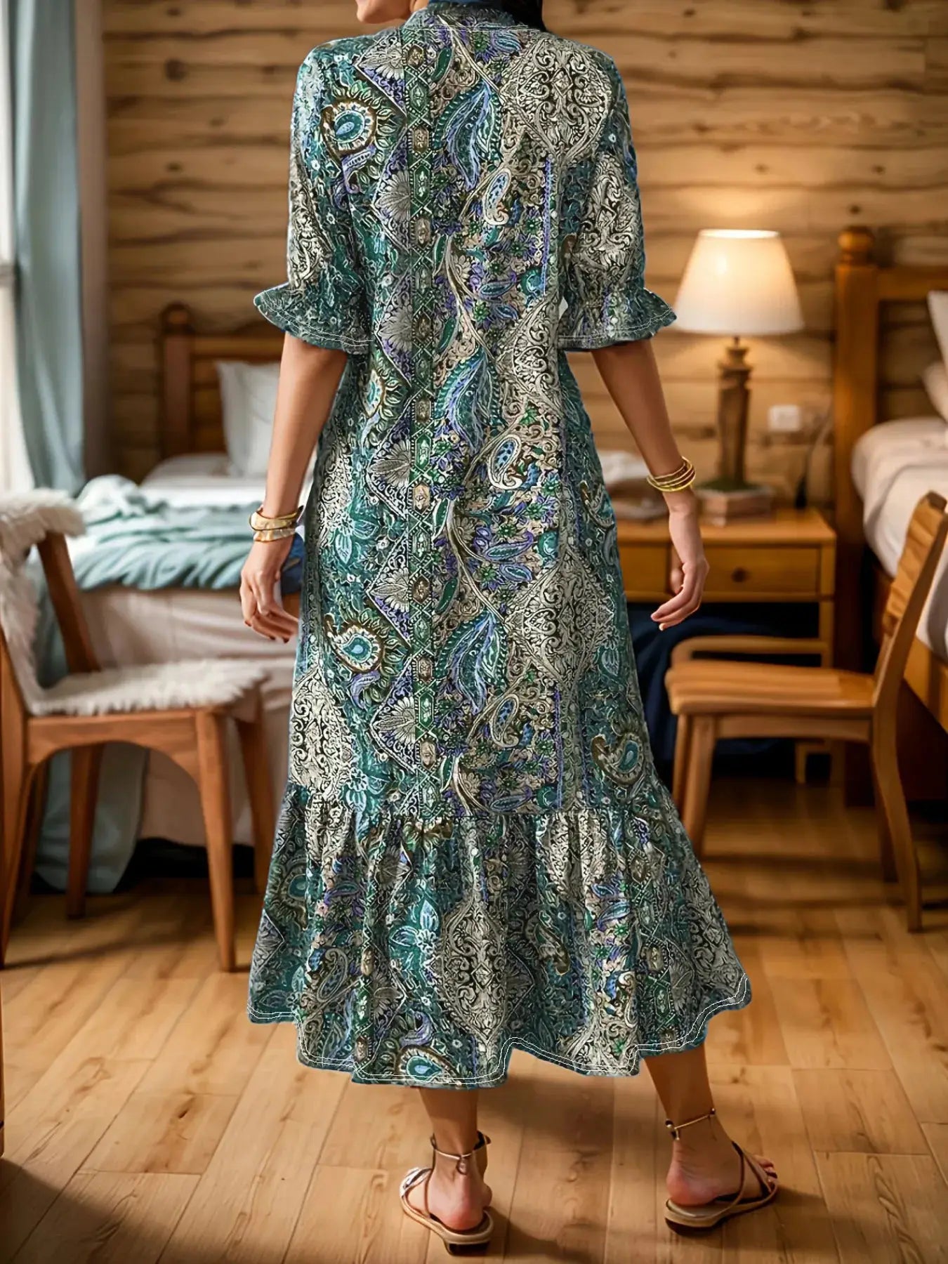 Full Size Bohemian Paisley Print Ruffle Hem Midi Dress Plus Size Trendsi