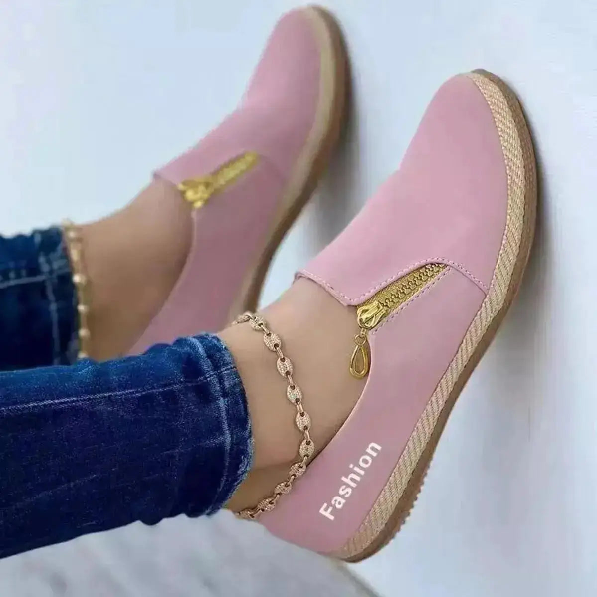 PU Leather Round Toe Slip-On Loafers with Zip Detail by Parfymia
