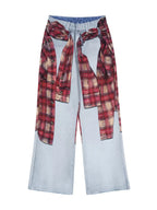 Men's Full Size Plaid Patchwork Wide Leg Jeans Plus Size