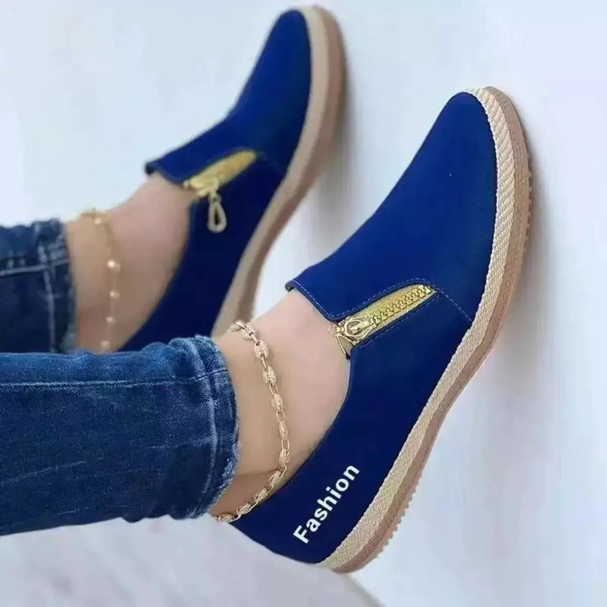 PU Leather Round Toe Slip-On Loafers with Zip Detail by Parfymia