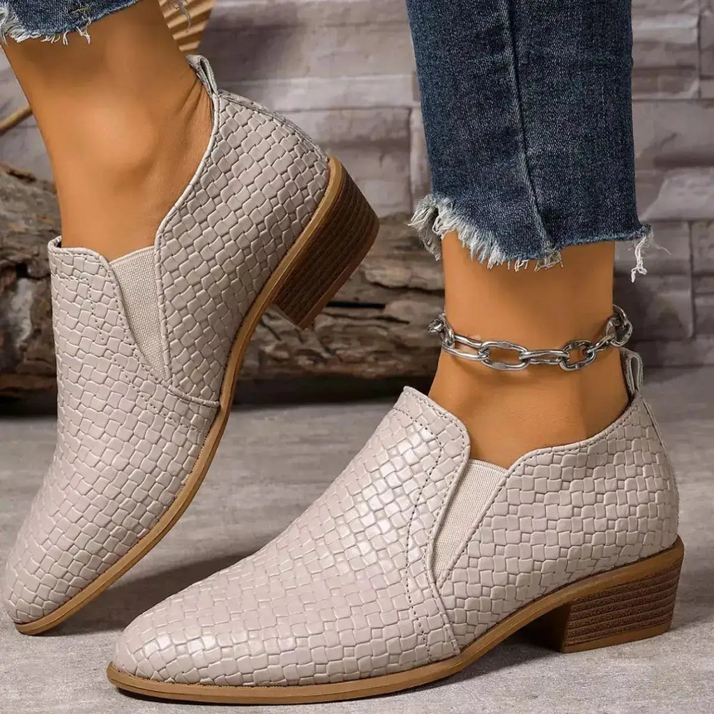 PU Leather Point Toe Block Heels Ankle Boots by Parfymia