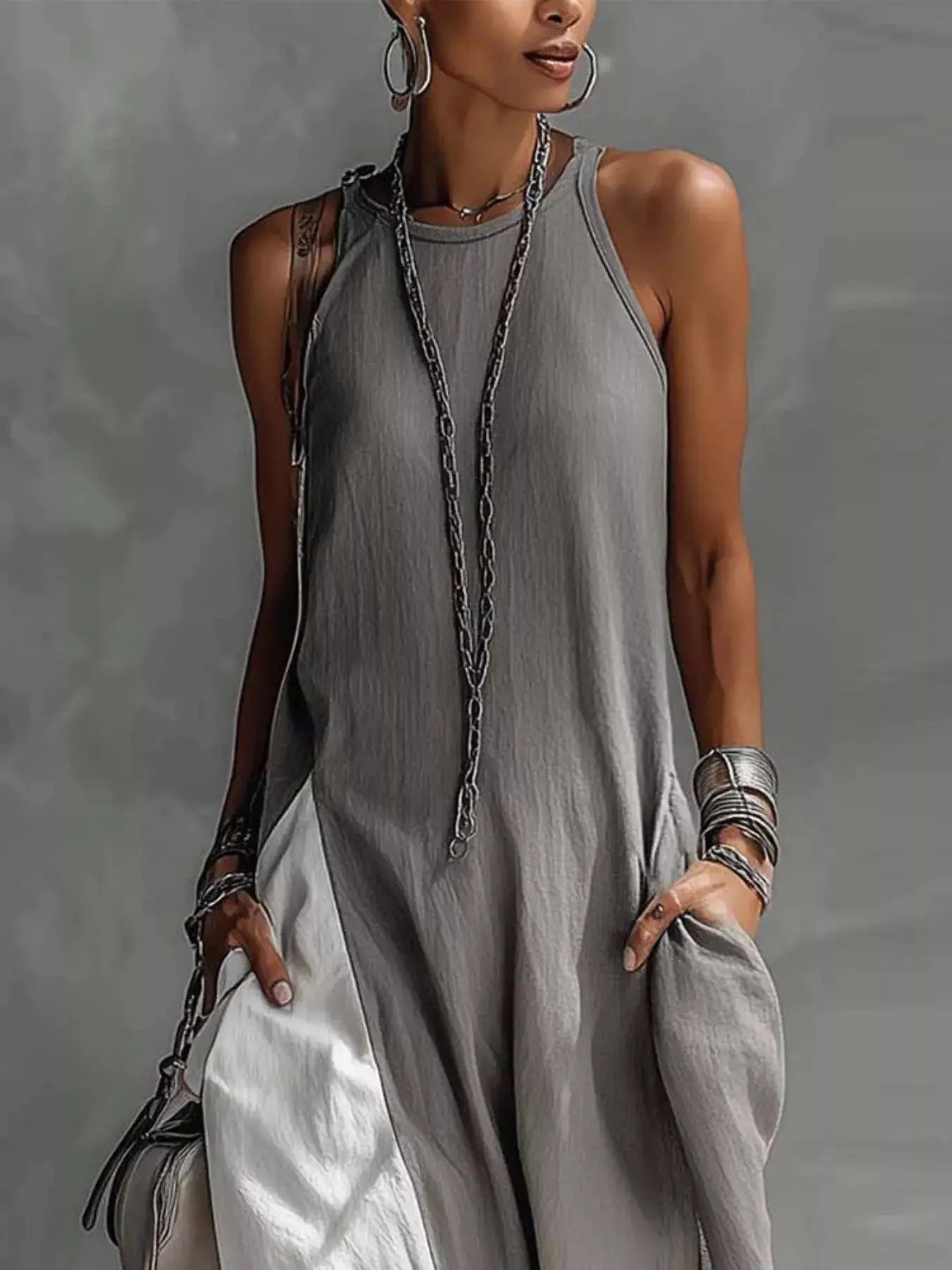 Two-Tone Sleeveless Maxi Dress Trendsi