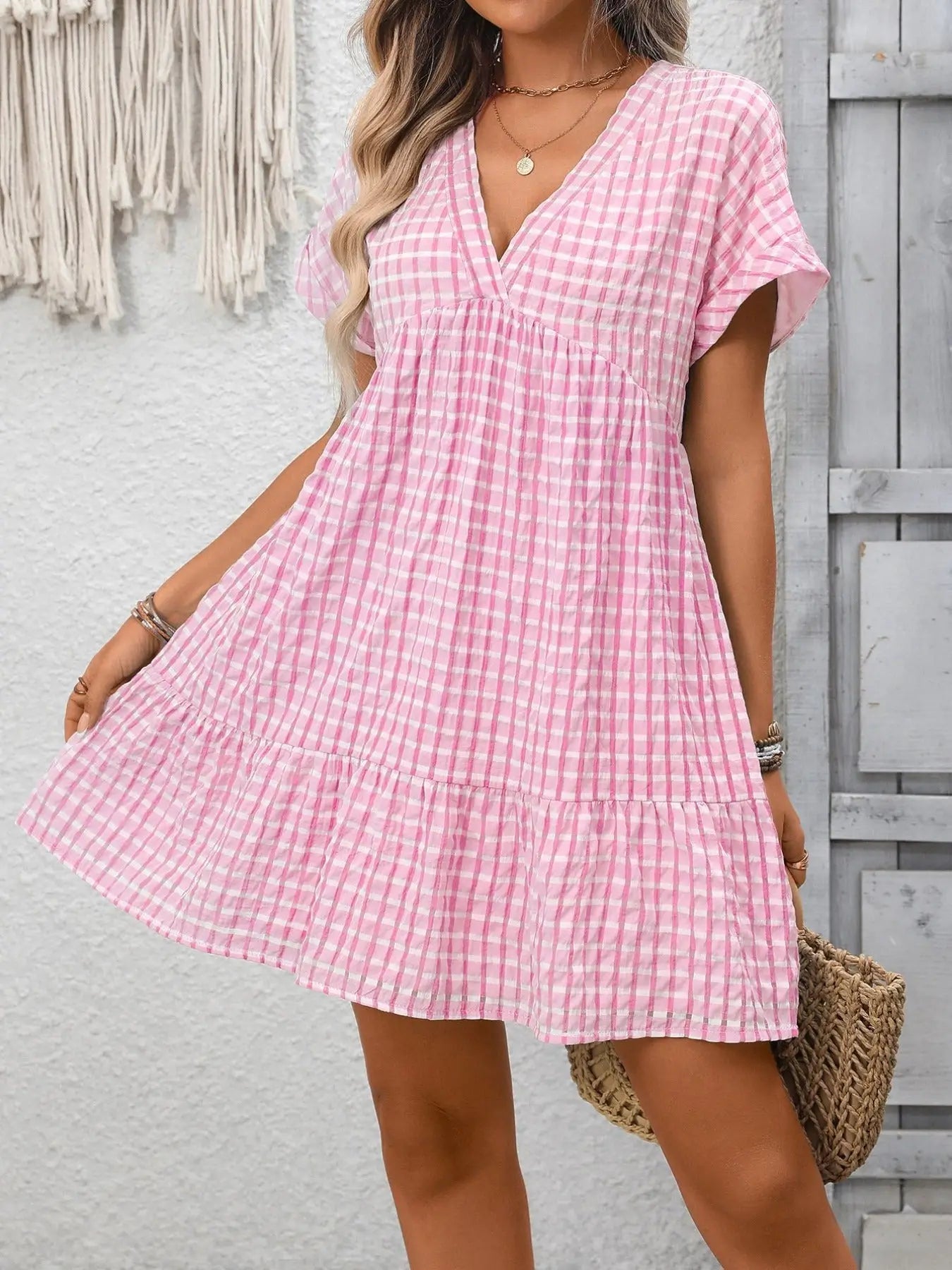 Plaid V-Neck Ruffle Hem Mini Dress Trendsi