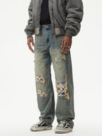 Men's Distressed Plaid Patch Wide Leg Jeans