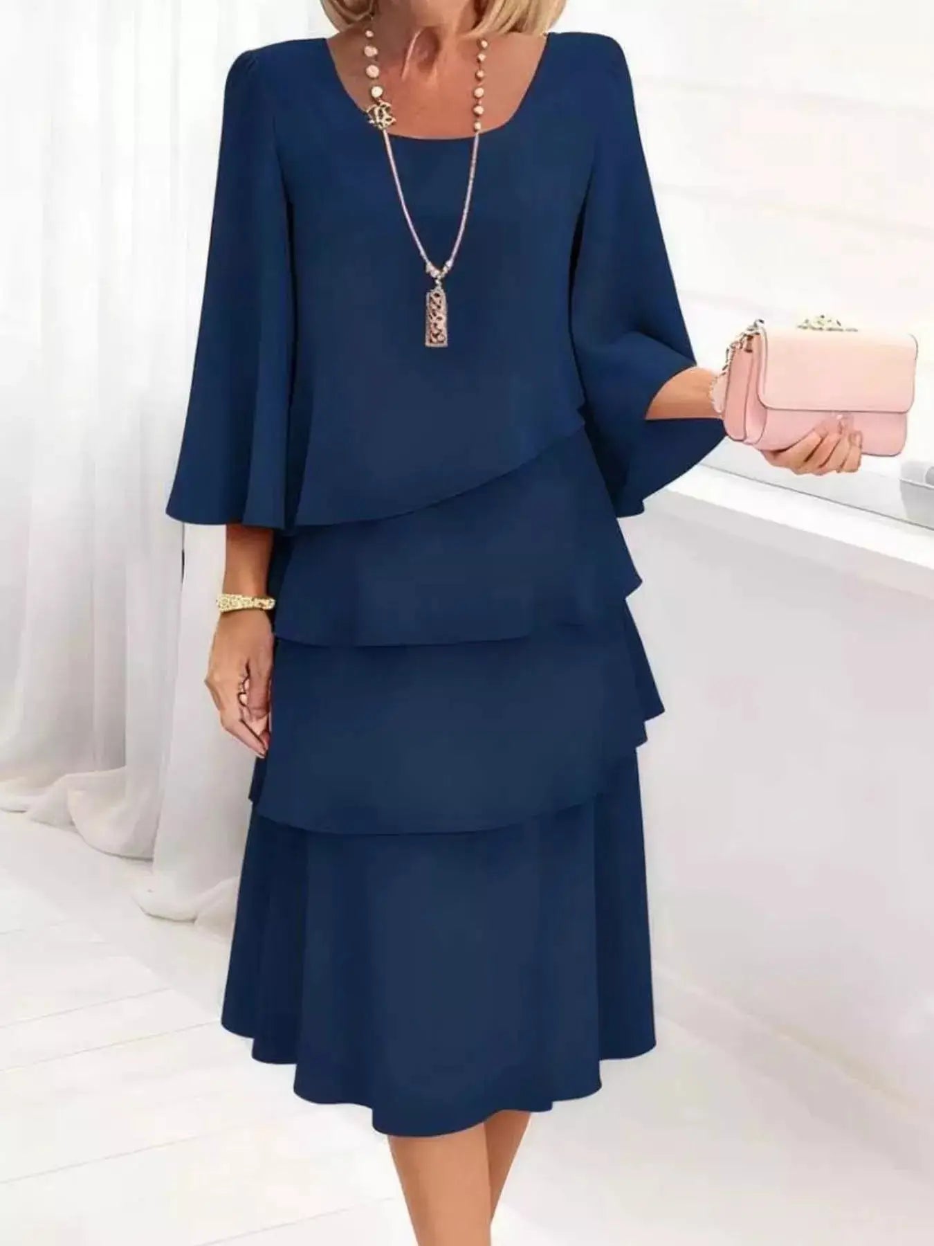 Full Size Ruffled Layered 3/4 Sleeve Dress Plus Size Trendsi