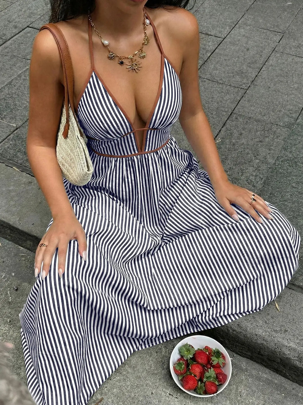 Striped Halter Neck Maxi Dress Trendsi