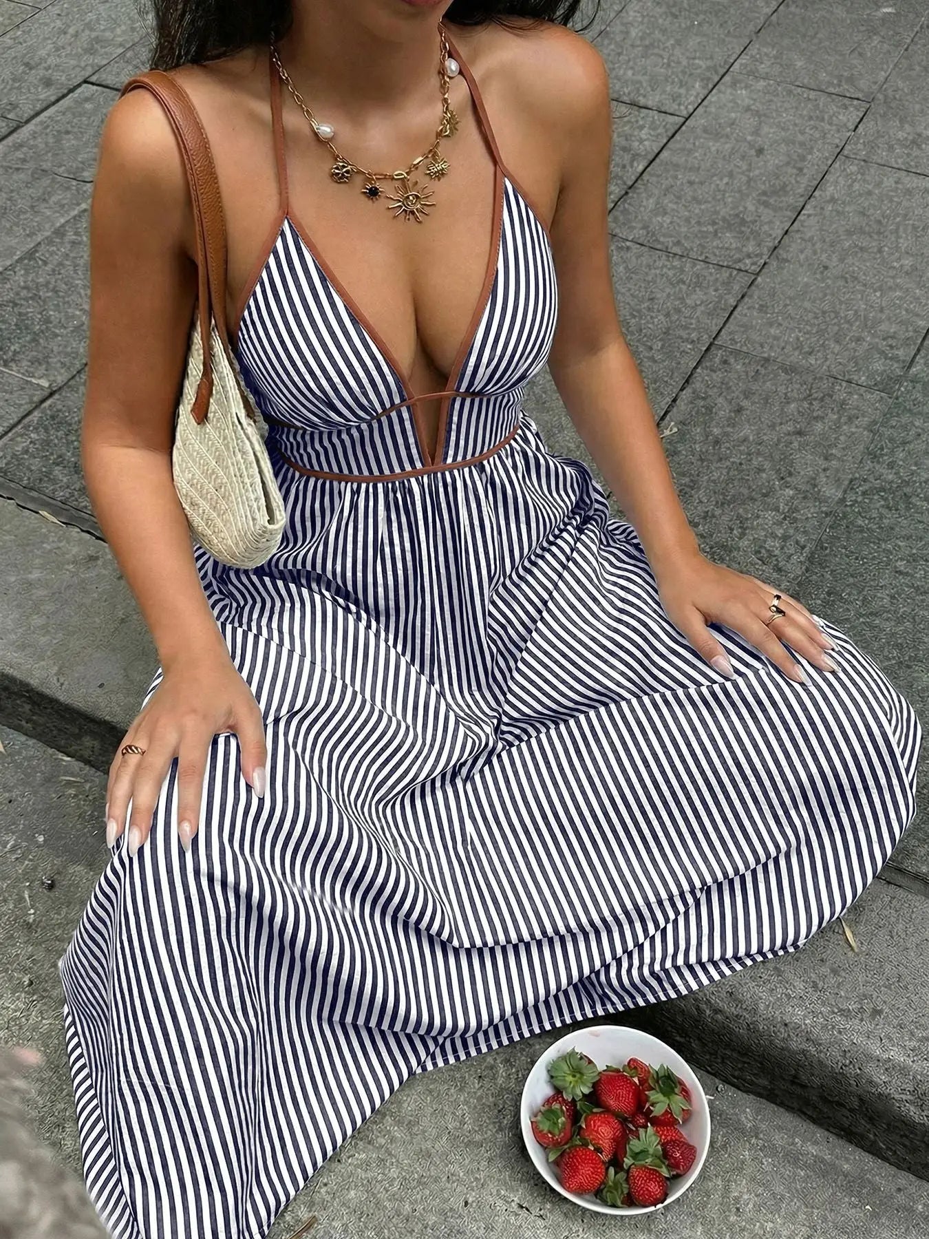 Striped Halter Neck Maxi Dress Trendsi