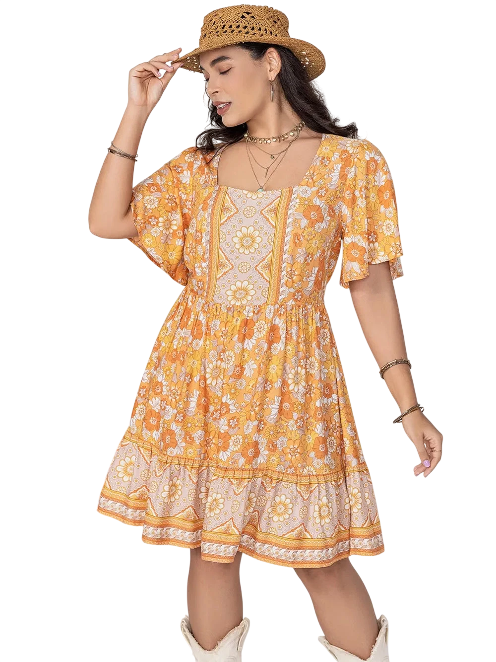 Women's Plus Size Printed Square Neck Dress