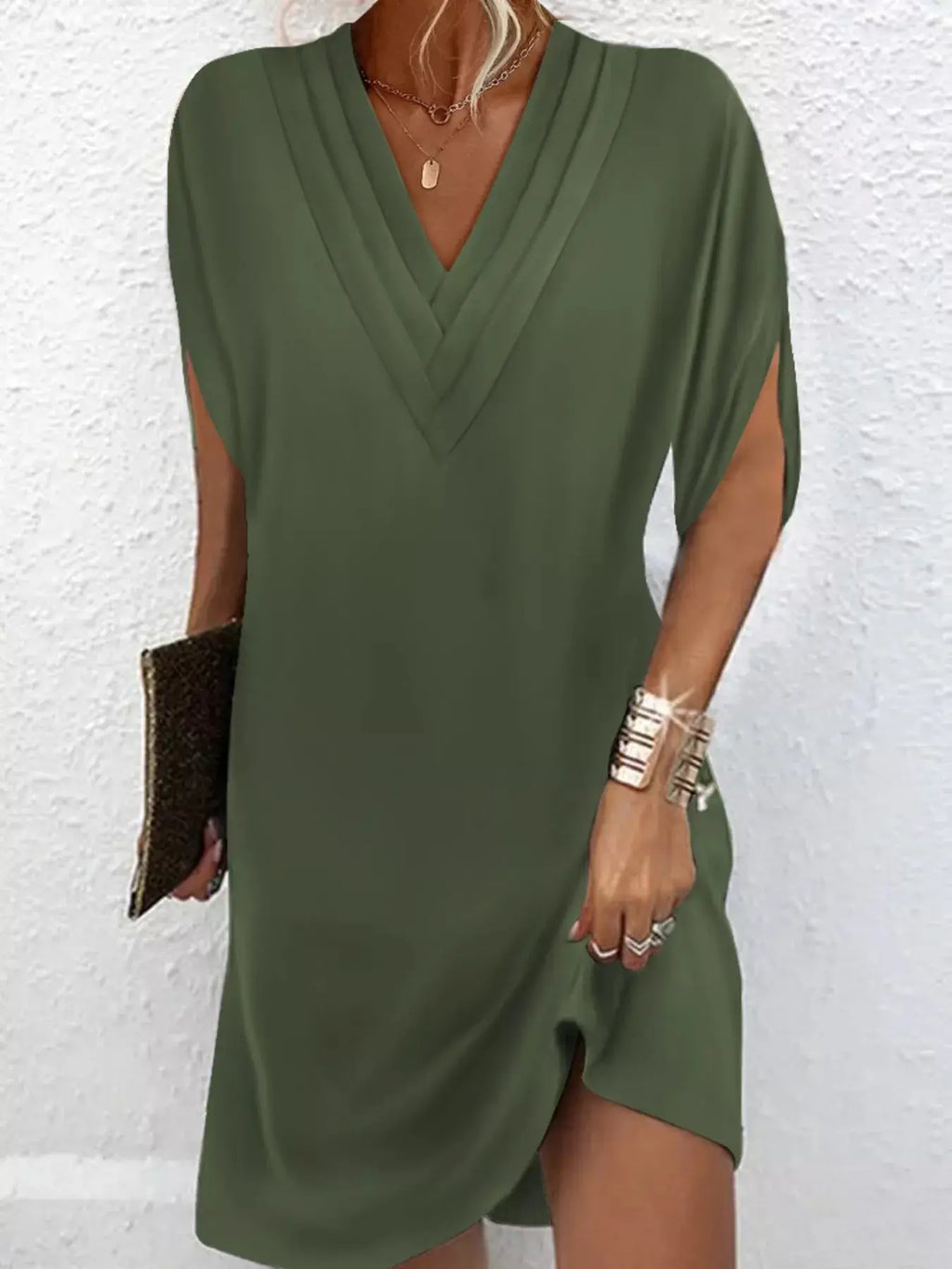 Full Size V-Neck Slit Sleeve Mini Dress Plus Size Trendsi
