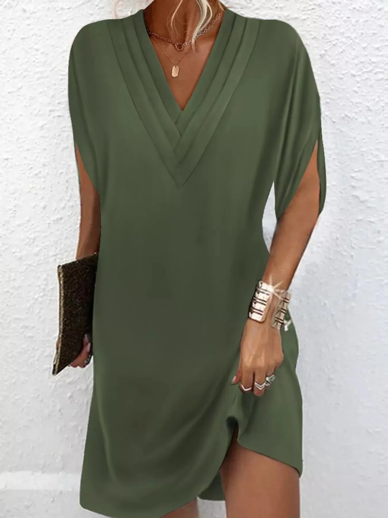 Full Size V-Neck Slit Sleeve Mini Dress Plus Size Trendsi
