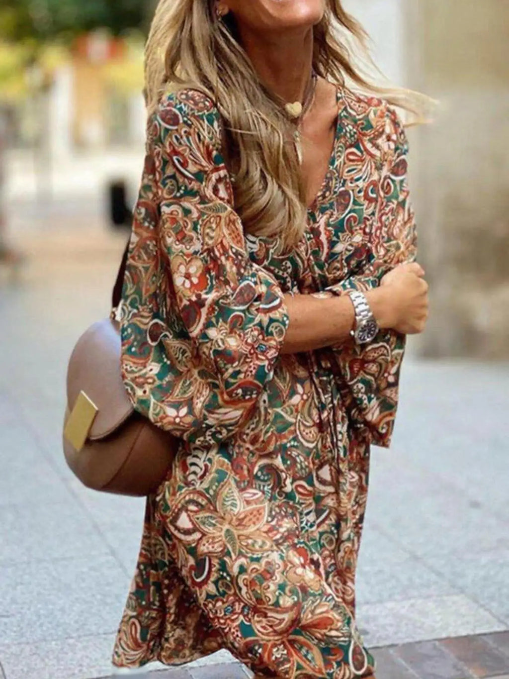 Paisley Print Balloon Sleeve Mini Dress Trendsi