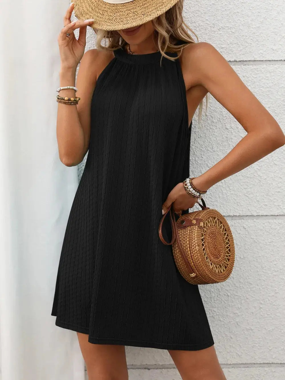 Textured Grecian Neck Mini Dress Trendsi
