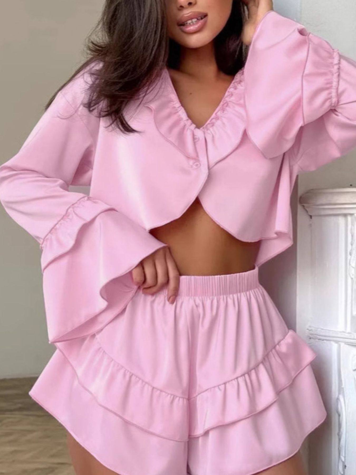 Women's Shorts Set – Ruffled V-Neck Top