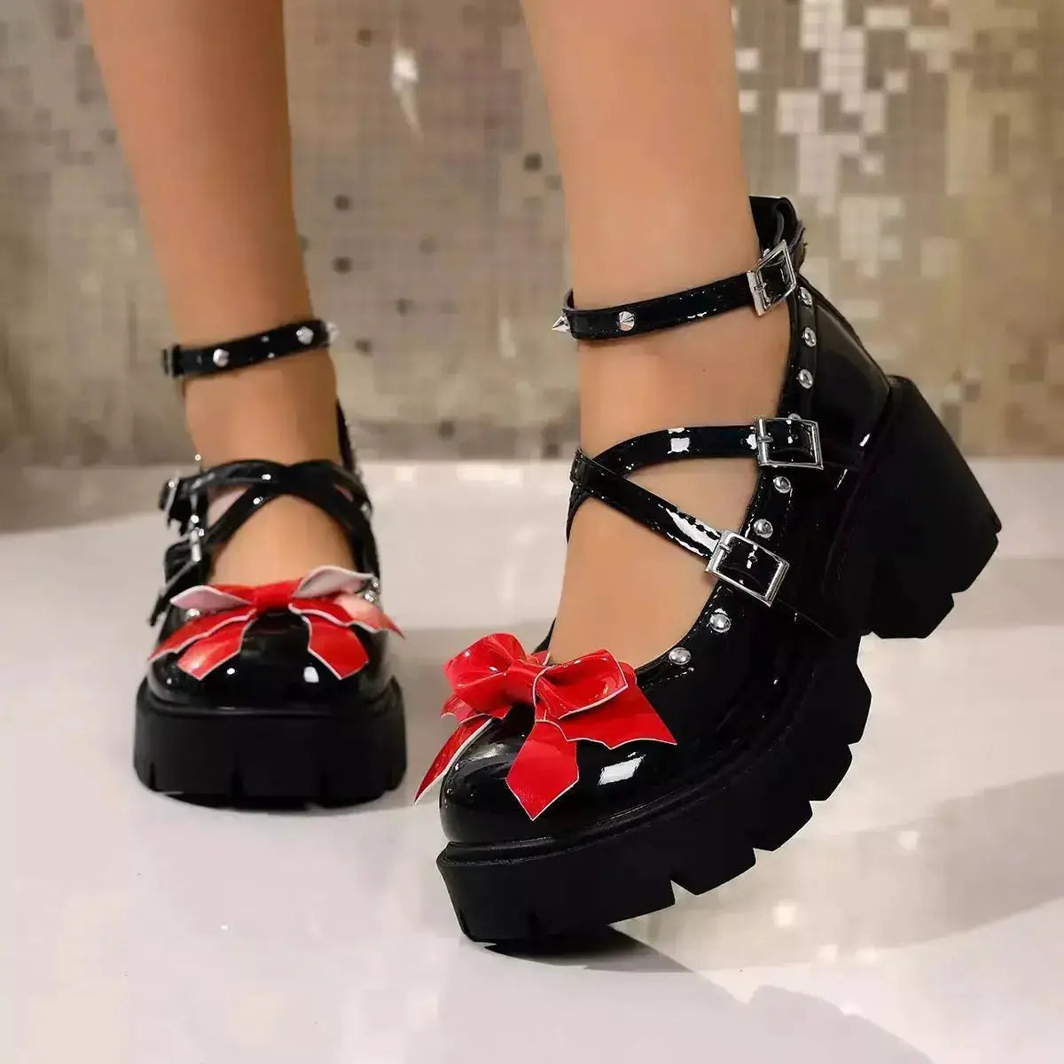 PU Leather Mary Jane Loafers with Bow Decor by Parfymia