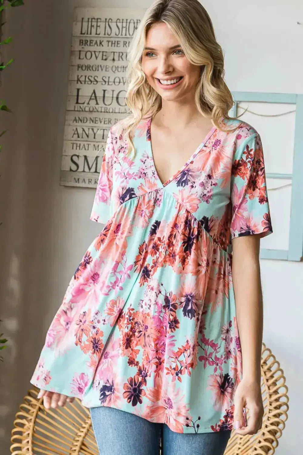 Floral V-Neck Babydoll Blouse by Heimish by Parfymia
