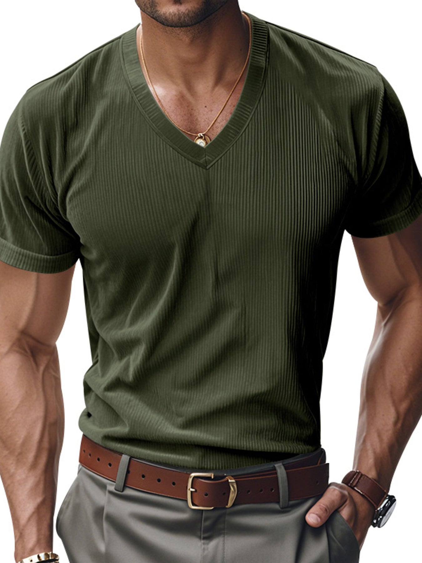 Men's Full Size Ribbed V-Neck T-Shirt Plus Size
