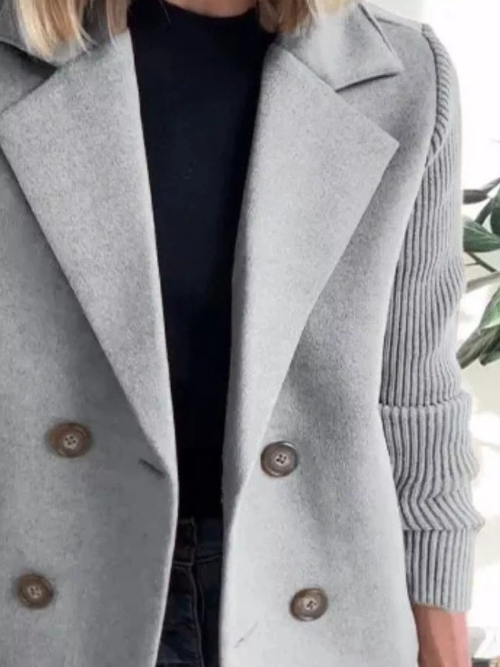 Women's Double-Breasted Jacket with Knit Sleeves
