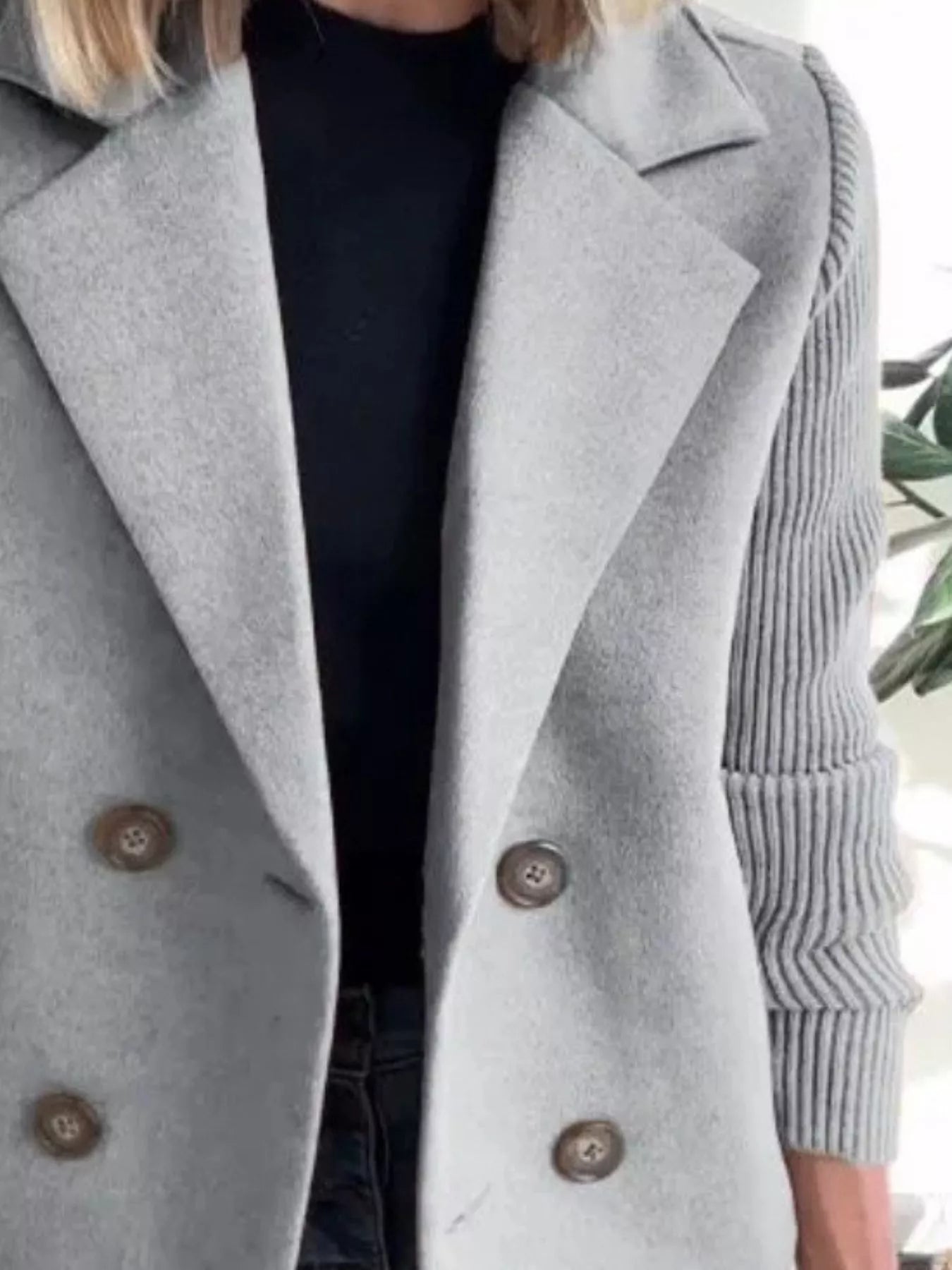 Women's Double-Breasted Jacket with Knit Sleeves