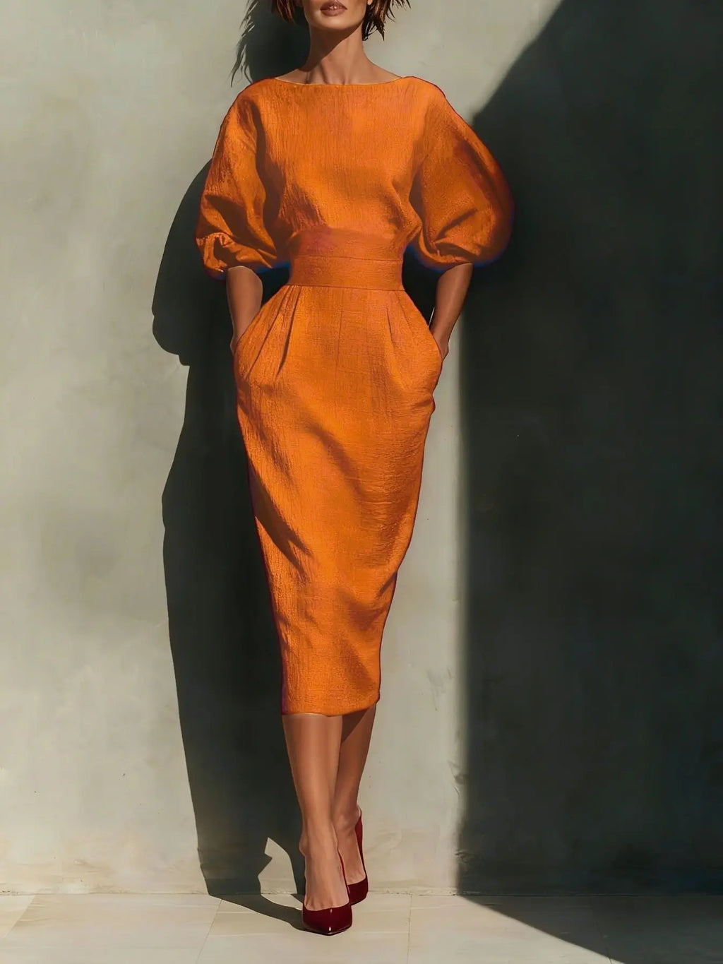 Round Neck Puff Sleeves Midi Dress Trendsi