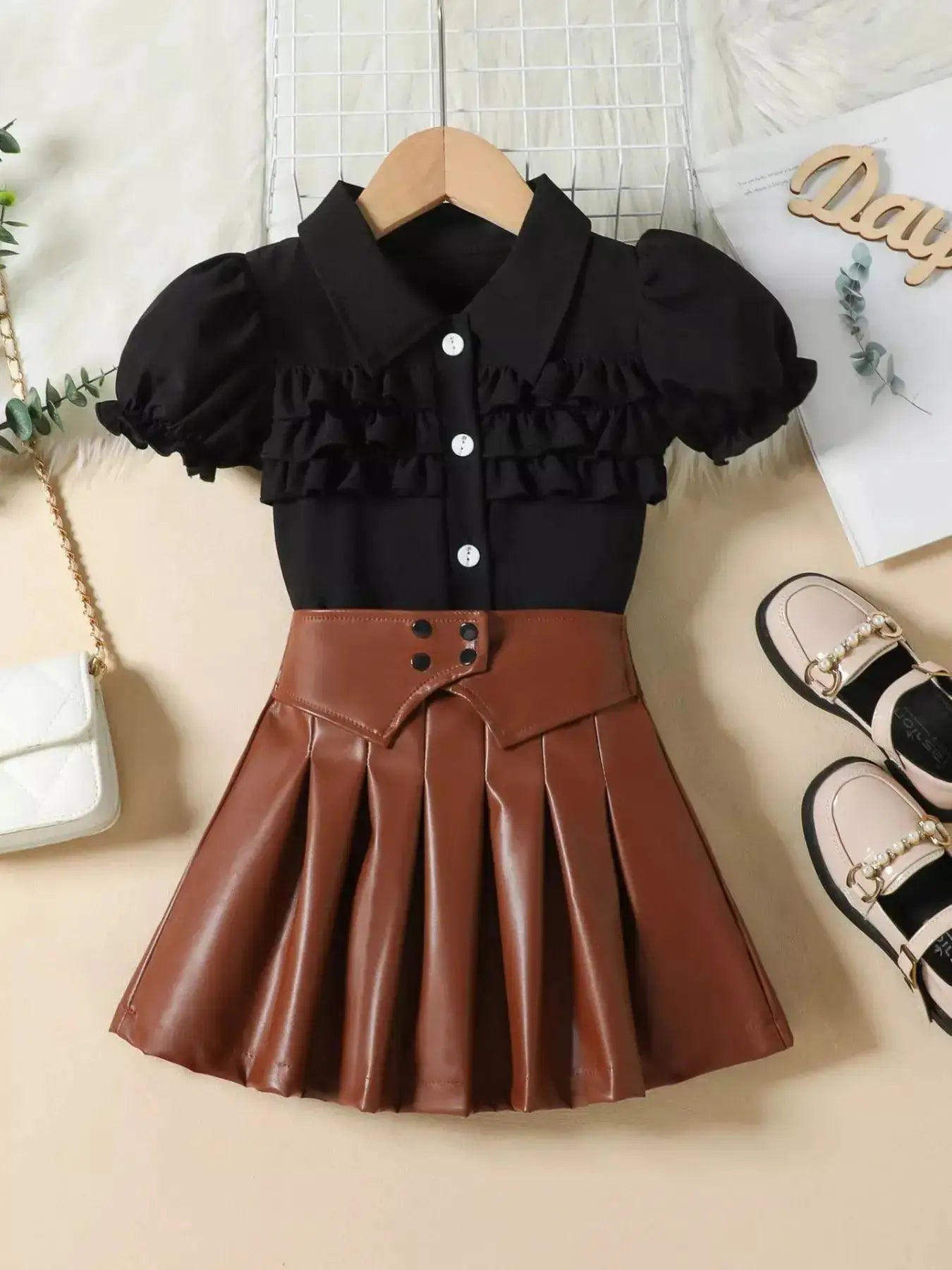 Girls White Puff Sleeve Ruffle Button Top With Black Pleated Skirt Set — Parfymia