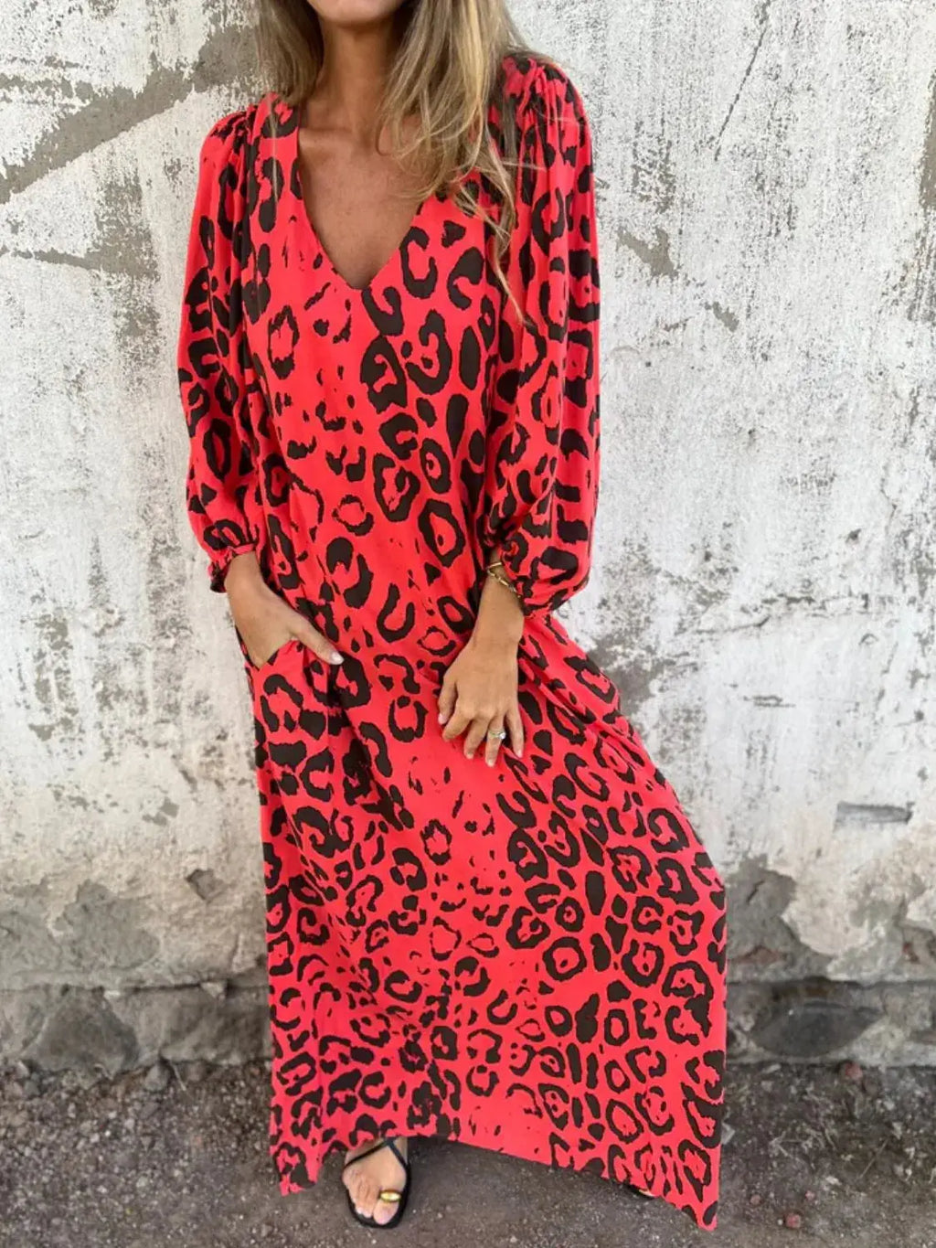 Full Size Printed V-Neck Dress with Pockets Plus Size Trendsi