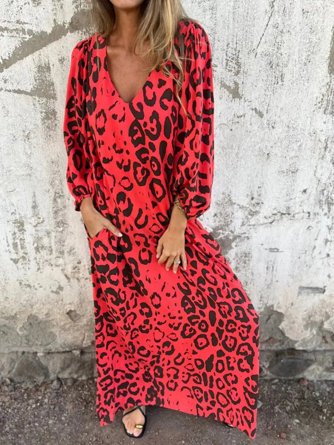 Full Size Printed V-Neck Dress with Pockets Plus Size Trendsi