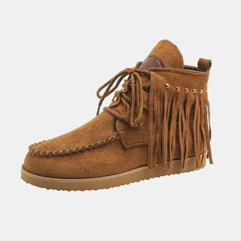 Canvas Fringe Studded Round Toe Boots by Parfymia