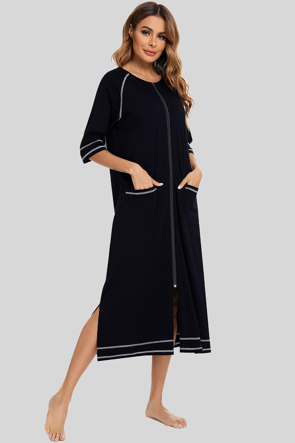 Women's Night Dress with Zip Front & Pockets