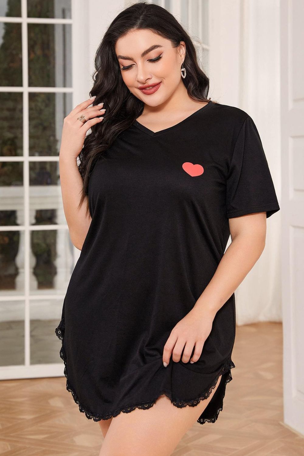 Women's Plus Size Lace Trim V-Neck Night Dress