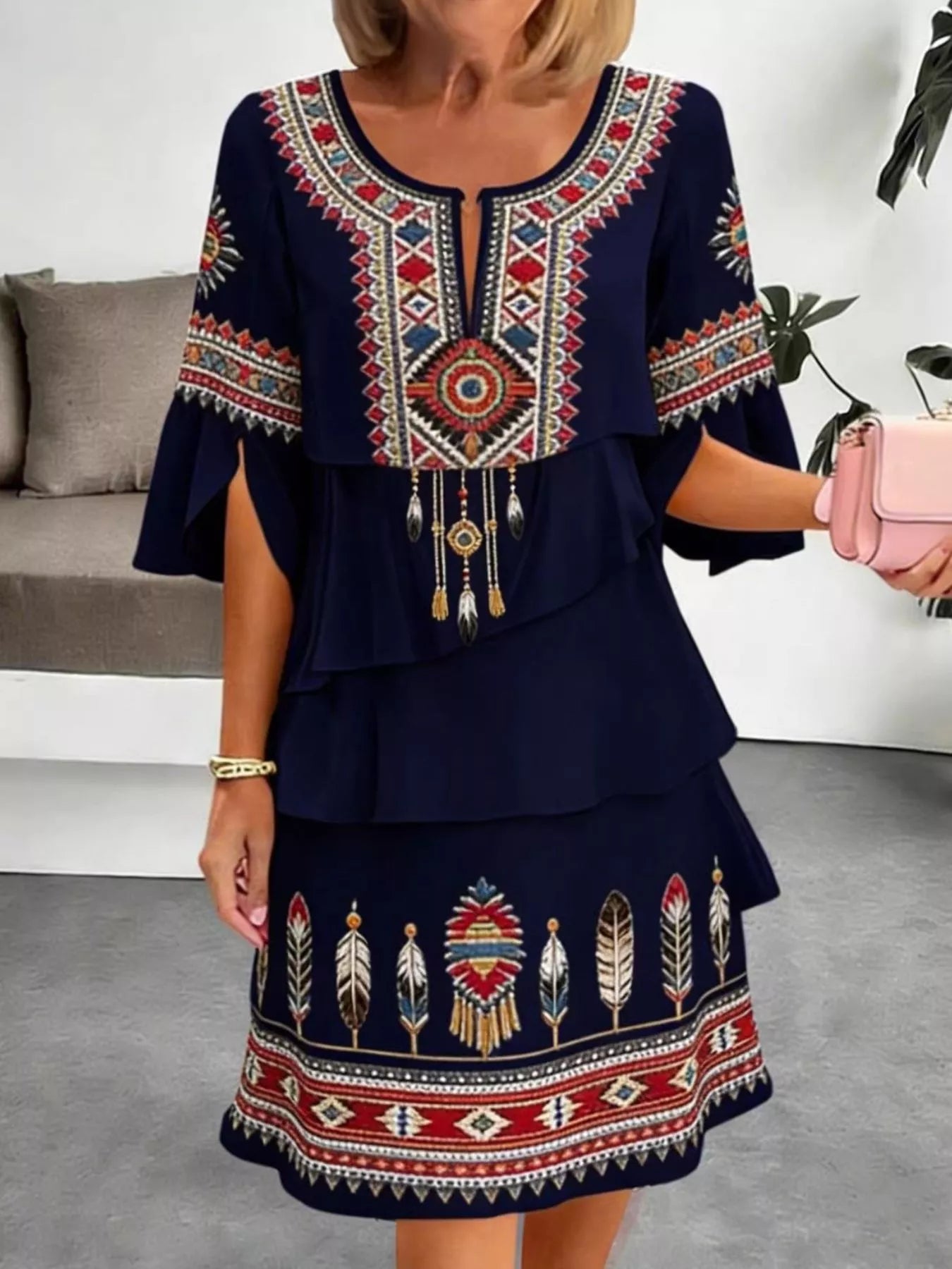 Women's Printed Dress with Ruffled Half Sleeves